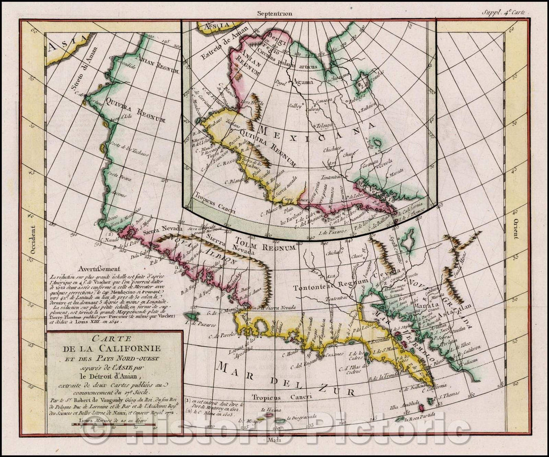 Historic Map - Carte De La Californie Et Des Pays Nord Ouest separes de L'Asie par le Detroit d'Anian, 1772, Denis Diderot v2