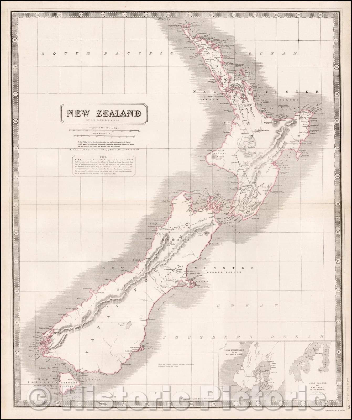 Historic Map - New Zealand (insets of Port Nicholson, Port Cooper and Port Levy), 1845, W. & A.K. Johnston - Vintage Wall Art