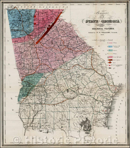 Historic Map - Bonner's Map of the State of Georgia with the Addition of its Geological Features, 1849, W. T. Williams - Vintage Wall Art
