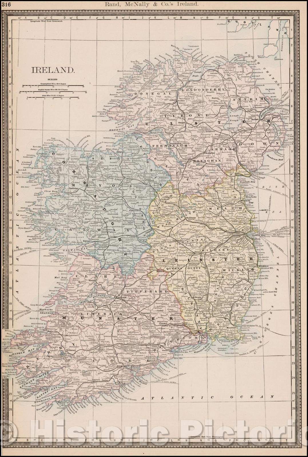 Historic Map - Ireland, 1882, William Rand - Vintage Wall Art