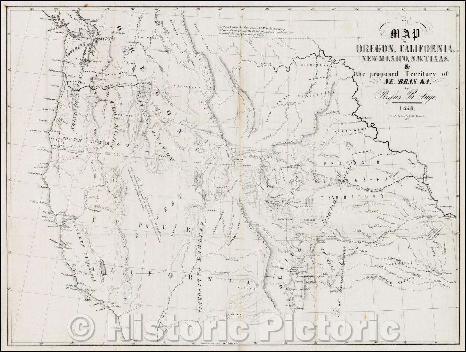 Historic Map - Map of Oregon, California, New Mexico, N.W. Texas & the proposed Territory of Ne-bras-ka, 1846, Rufus Sage v1