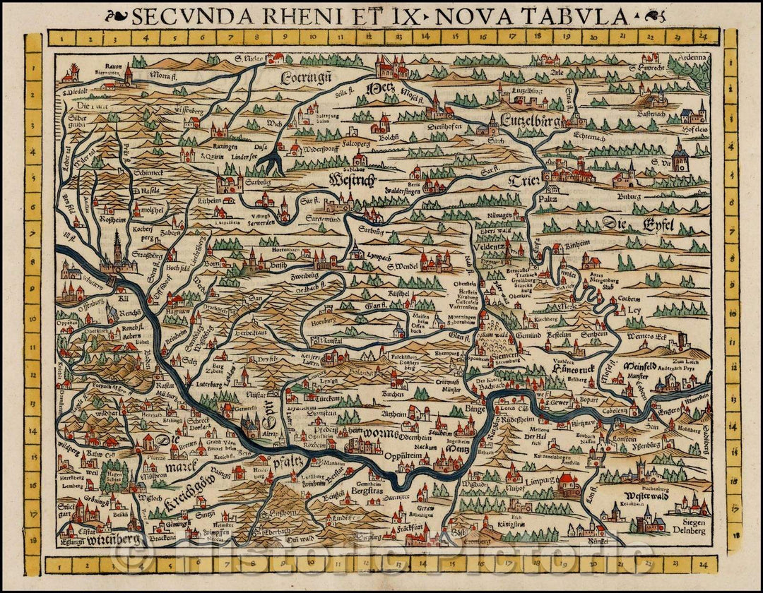 Historic Map - Secunda Rheni Et IX Nova Tabula/The second Reno Nova 9, 1552, Sebastian M?nster - Vintage Wall Art