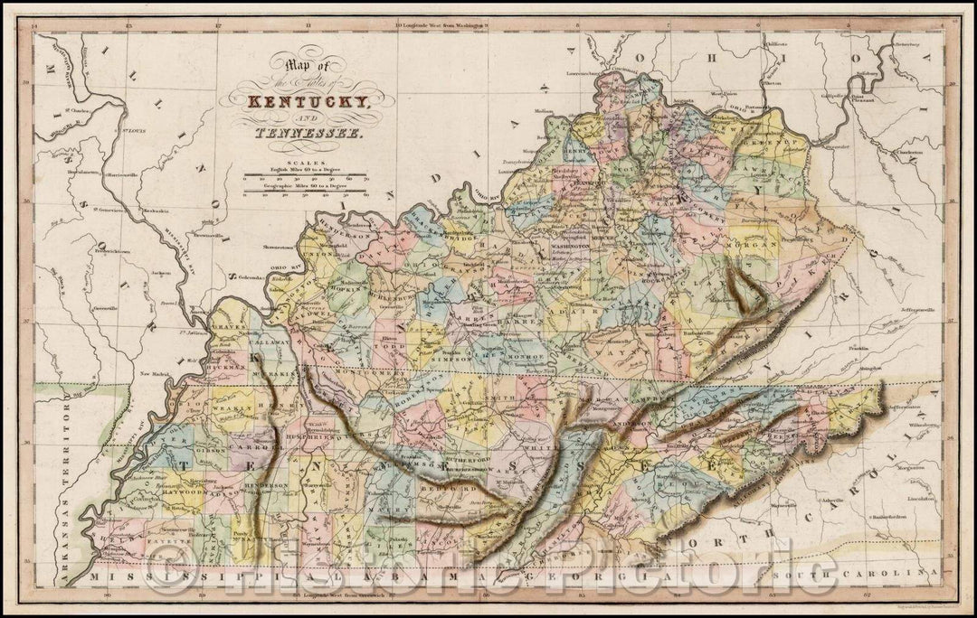 Historic Map - Map of the States of Kentucky and Tennessee, 1832, Hinton, Simpkin & Marshall - Vintage Wall Art