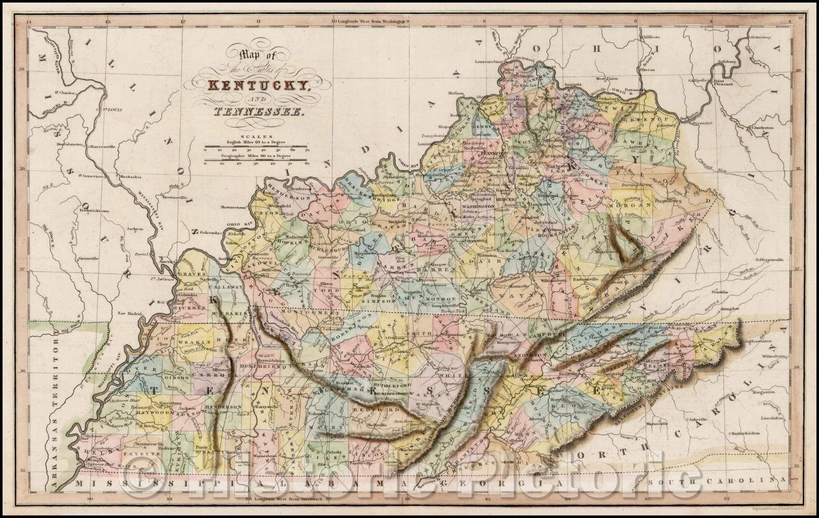 Historic Map - Map of the States of Kentucky and Tennessee, 1832, Hinton, Simpkin & Marshall - Vintage Wall Art