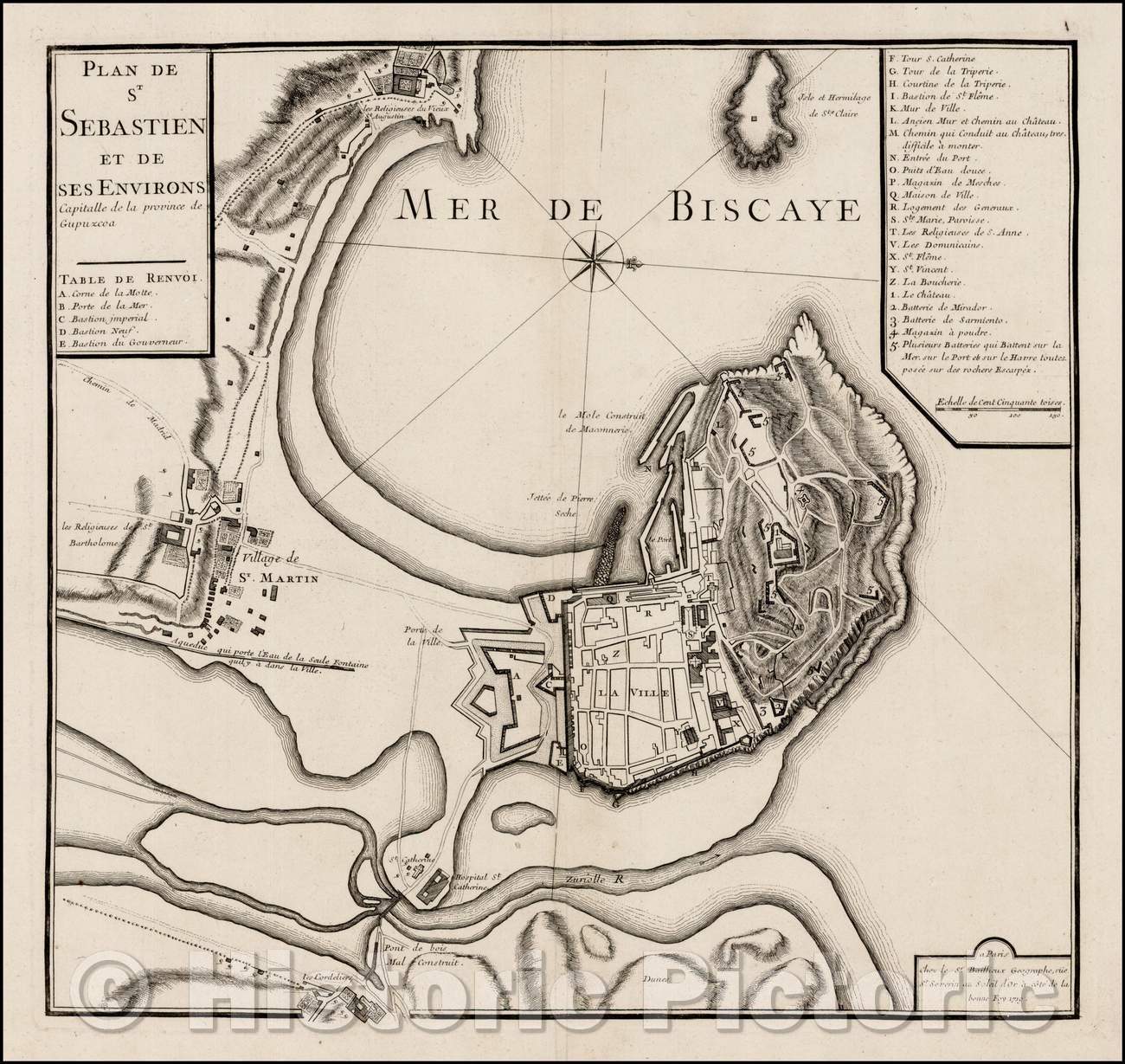 Historic Map - Plan de St. Sebastien et de ses Environs Capitalle de la province de Gupzcoa/Plan of San Sebastien, published by Gaspar Bailleul in Paris, 1721 - Vintage Wall Art