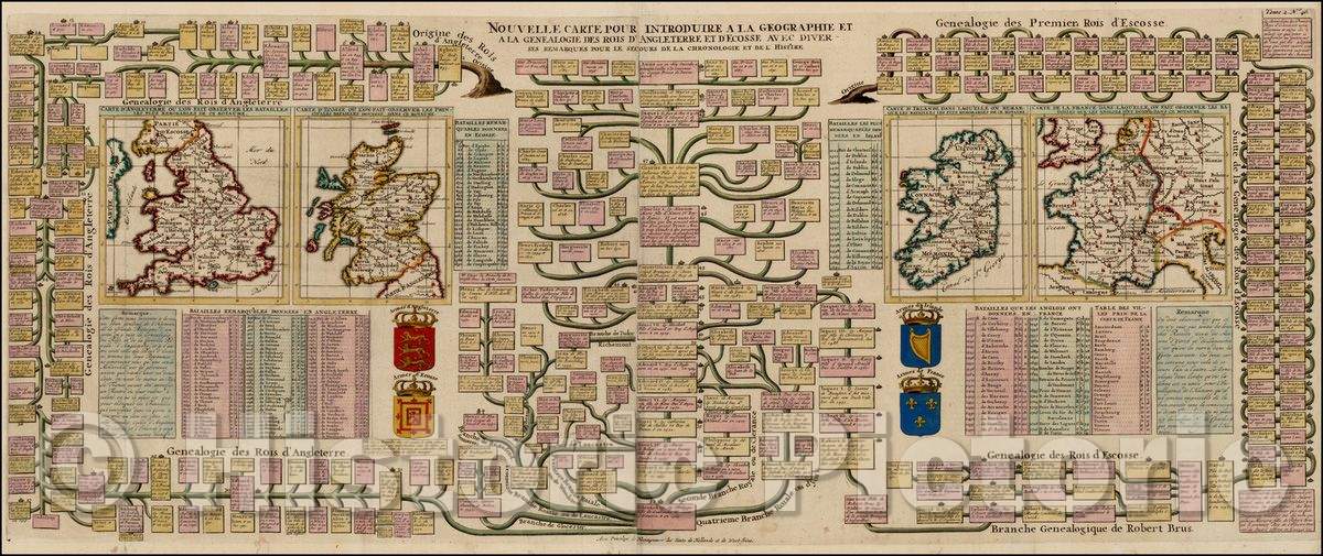 Historic Map - Nouvelle Carte Pour La Geographie et a la Genealogie Des Rois D'Angleterre et D'Ecosse Maps of Ireland, England, Scotland, France, 1719 - Vintage Wall Art