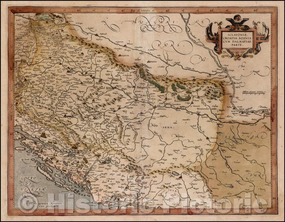 Historic Map - Sclavonia, Croatia, Bosnia cum Dalmatiae Parte/Mercator's Map of Slovenia, Croatia, Bosnia, Dalmatia and neighboring Regions, 1595 - Vintage Wall Art