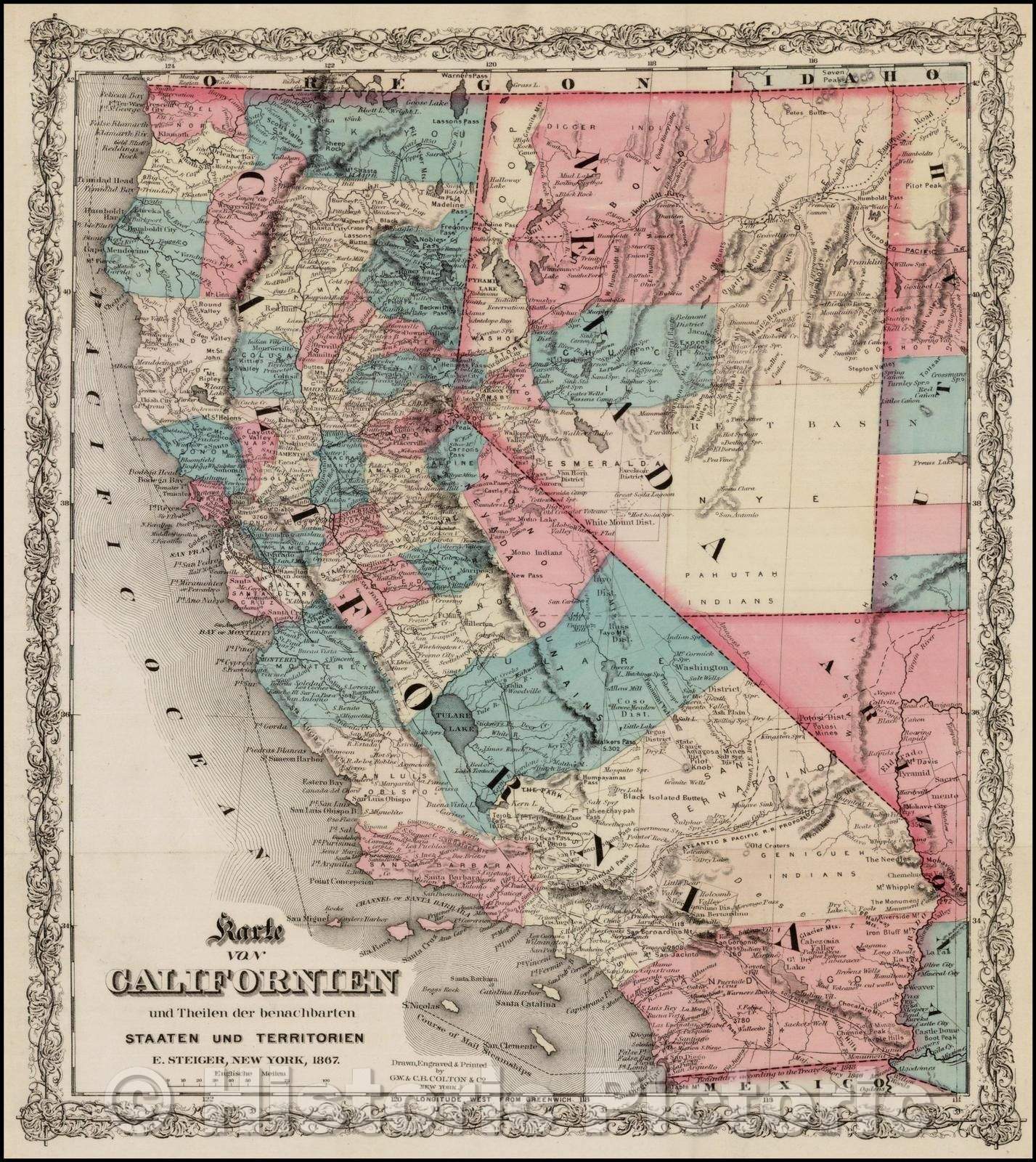 Historic Map - Karte Von Californien und Theilen der benachbarten Saaten und Territorien/Map of California and Nevada, New York City by Colton, 1867 - Vintage Wall Art