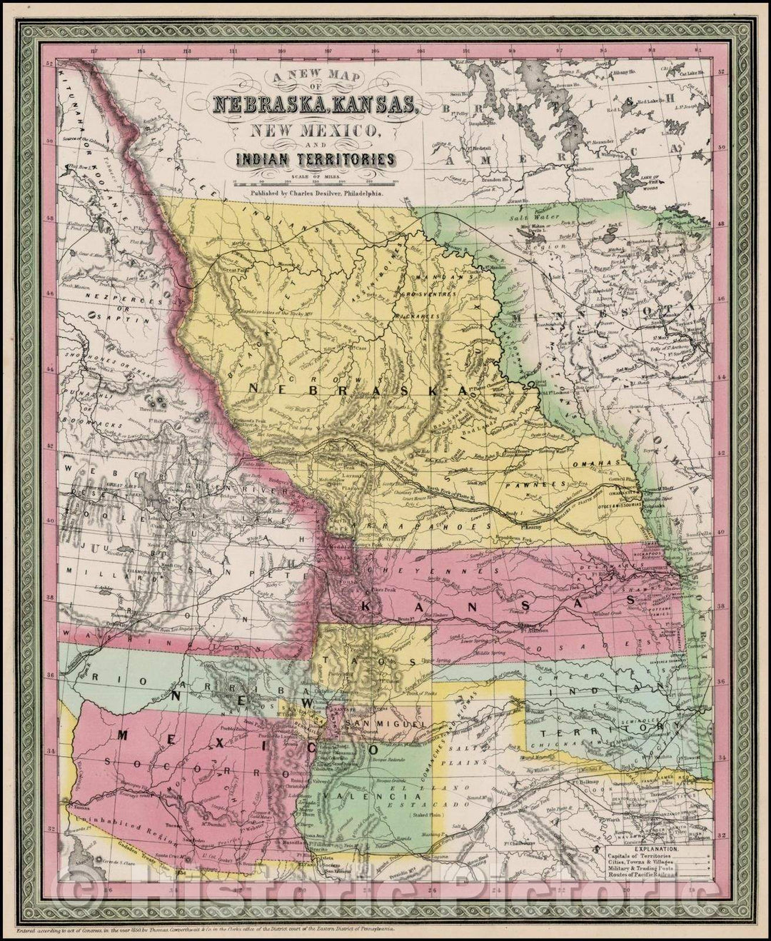 Historic Map - Nebraska, Kansas, New Mexico And Indian Territories [Rare First State!], 1855, Charles Desilver - Vintage Wall Art