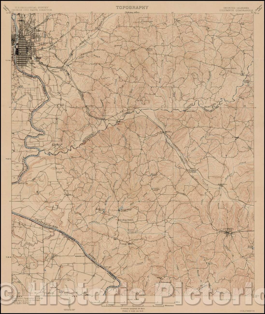 Historic Map - Georgia-Alabama (Columbus Quadrangle), 1908, U.S. Geological Survey - Vintage Wall Art