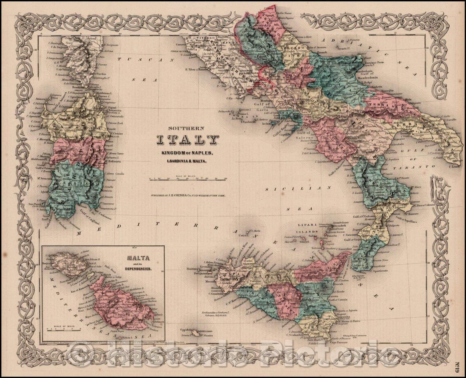 Historic Map - Southern Italy Kingdom of Naples, I Sardinia & Malta, 1856, Joseph Hutchins Colton v2