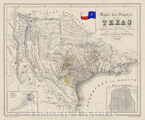 Historic Map - Karte des Staates Texas (aufgenommen in die Union 1846.) nach der neuesten :: State of Texas (admitted to the Union, 1849 - Vintage Wall Art
