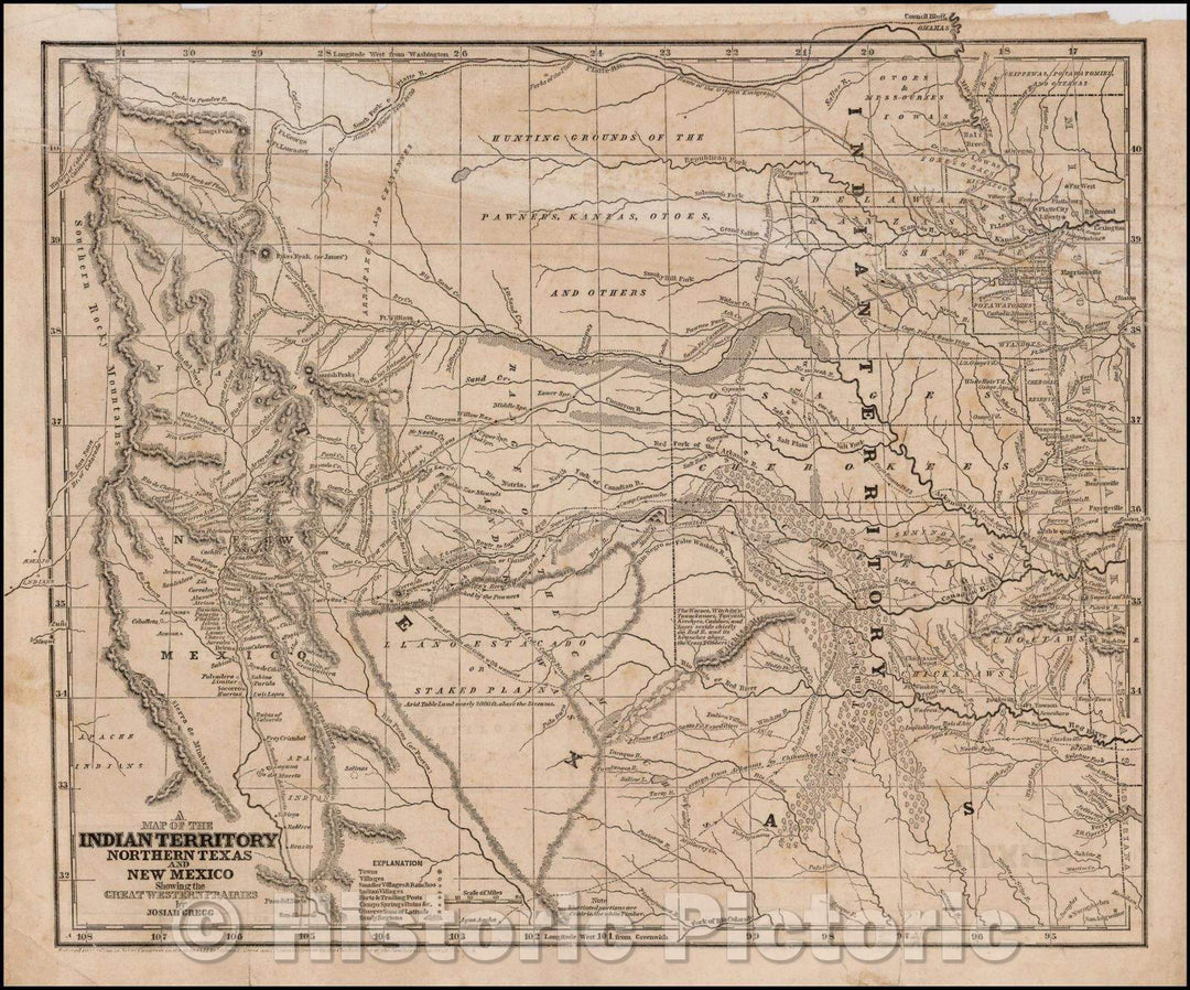 Historic Map - Indian Territory, Northern Texas And New Mexico Showing the Great Western Prairies, 1844, Josiah Gregg v1