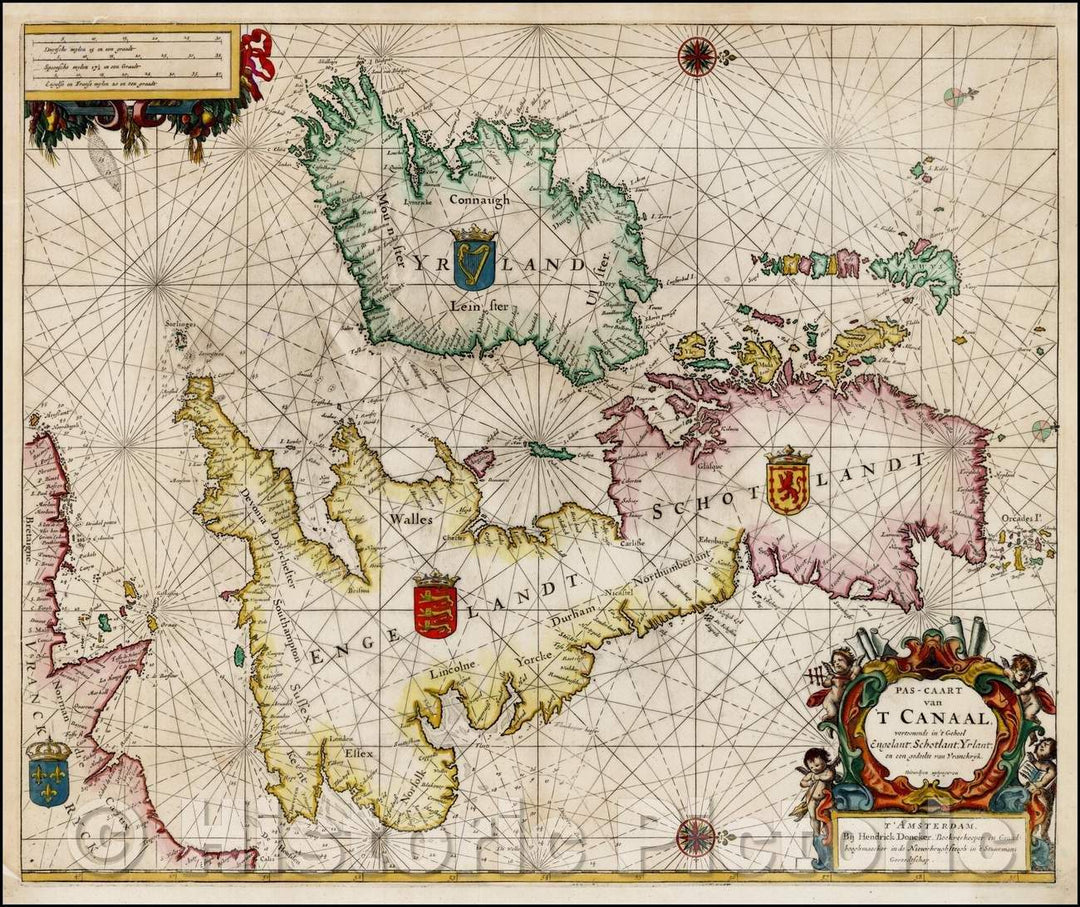 Historic Map - Pas-Caart van 'T Canaal, vertoonende in 't Gehell Engelant, Schotlant, Yrlant, en een gedelte van Vranckryk. niewlycx uytgegeven T' Amsterdam, 1670 - Vintage Wall Art