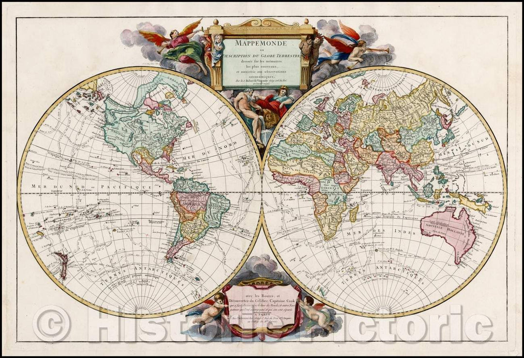 Historic Map - Mappemonde ou Description Du Globe Terrestre dressee sur les memoires les plus nouveaux/Double Hemisphere Map of the World, 1790 - Vintage Wall Art