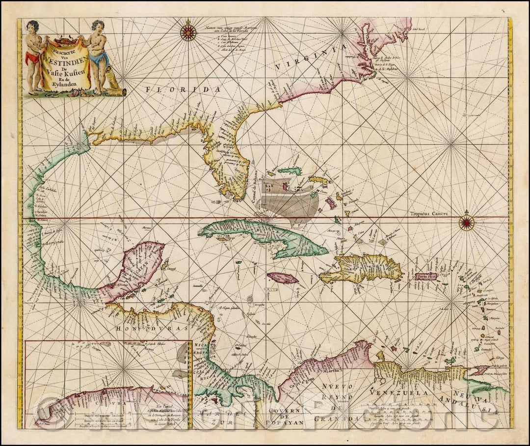 Historic Map - Pascaerte Van Westindien De Vaste Kusten En de Eylanden :: Chart of the Caribbean, Florida, Gulf Coast and Southeastern part of North America, 1666 - Vintage Wall Art