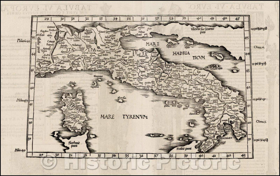 Historic Map - Tabula VI Europae (Italy & Corsica - Title on Verso)/Tabula Europae VI (Italy & Corsica - Title on Verso), 1535, Lorenz Fries - Vintage Wall Art