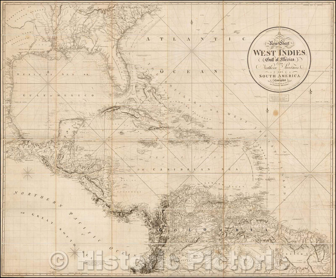 Historic Map - A New Chart of the West Indies, Gulf of Mexico, and Northern Provinces of South America, 1828, Richard Holmes Laurie - Vintage Wall Art