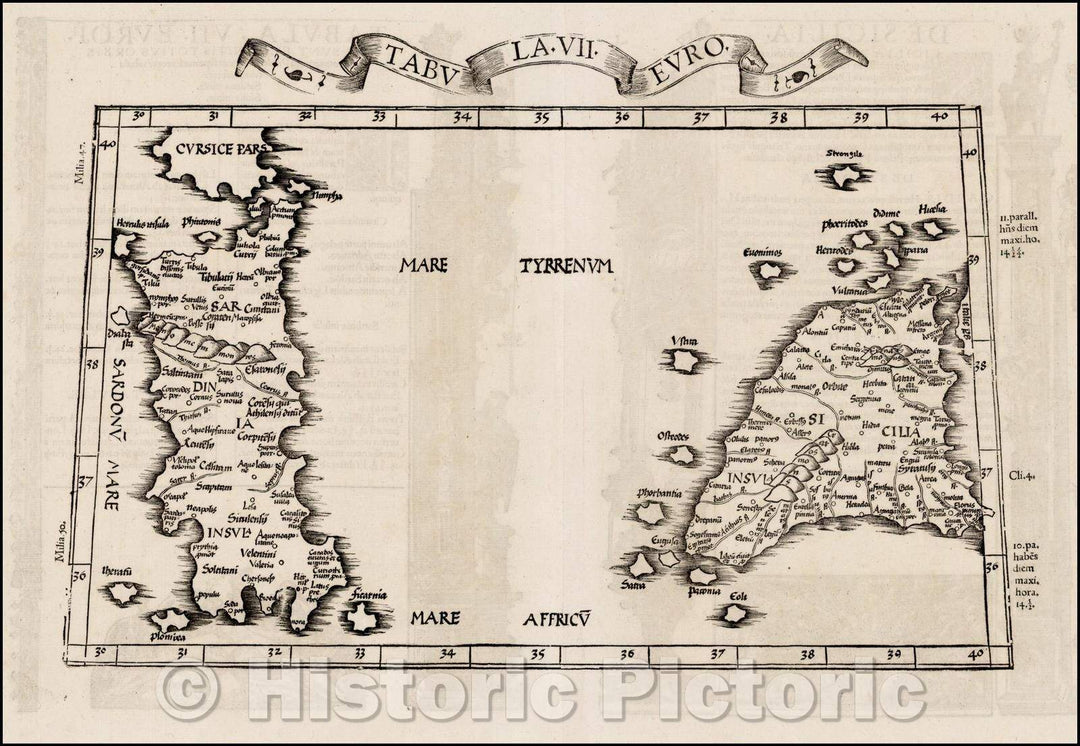 Historic Map - Tabula VII Euro. Sicily and Sardinia, 1535, Lorenz Fries - Vintage Wall Art