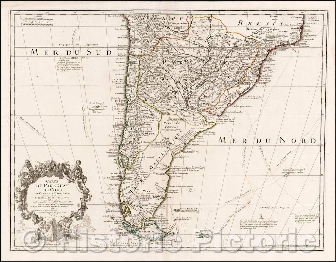 Historic Map - Carte du Paraguay du Chili du Detroit De Magellan &c/Map of Paraguay Chile Detroit De Magellan & c. 1703, 1745, Guillaume De L'Isle - Vintage Wall Art