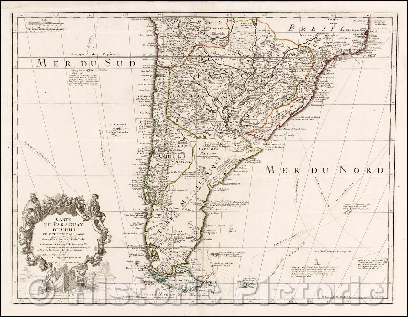 Historic Map - Carte du Paraguay du Chili du Detroit De Magellan &c/Map of Paraguay Chile Detroit De Magellan & c. 1703, 1745, Guillaume De L'Isle - Vintage Wall Art