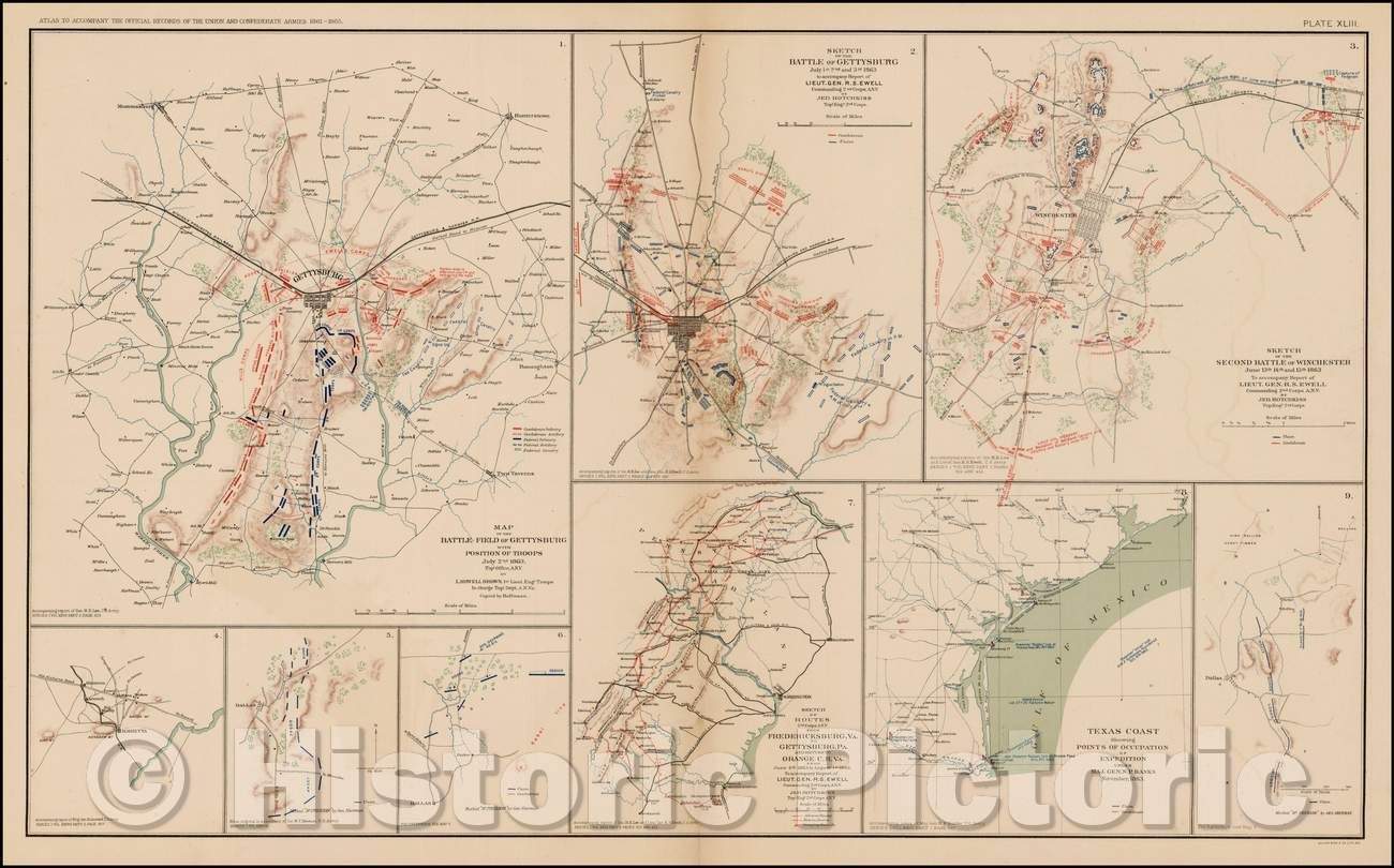 Historic Map - Battle-Field of Gettysburg with Positions of Troops July 2nd 1863 and Sketch of the 2nd Battle of Winchester, Marietta, Georgia, Dallas, Texas Coast, 1891 - Vintage Wall Art