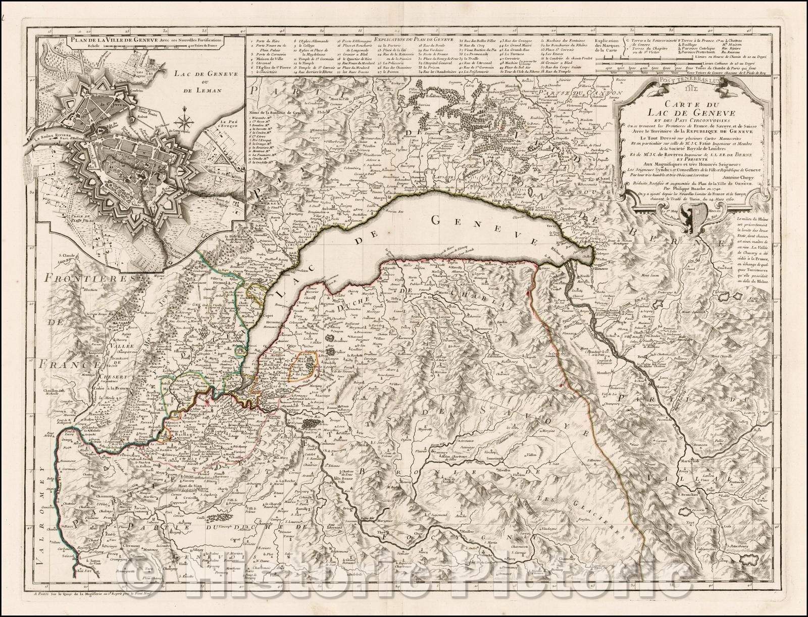 Historic Map - Carte Du Lac De Geneve et des Pays Circonvoisins ou se trouvent/Map of Lake Geneva and environs, with a Plan of the City, Philippe Buache, 1760 - Vintage Wall Art