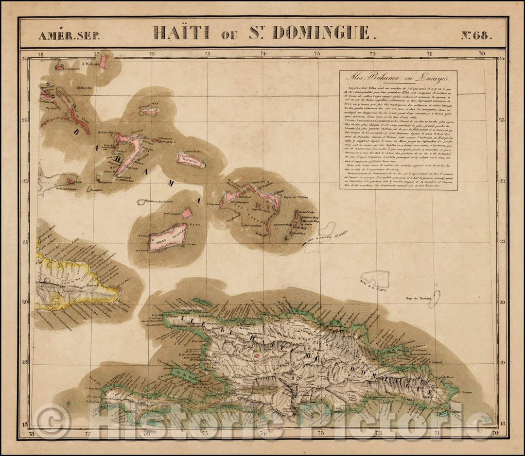 Historic Map - Amer. Sep. No. 68. Haiti ou St. Domingue includes Bahamas and Eastern Cuba, 1825, Philippe Marie Vandermaelen - Vintage Wall Art