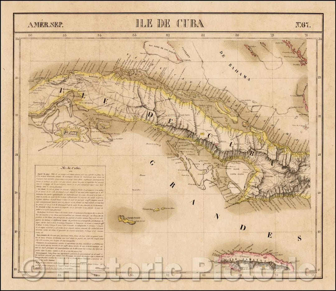 Historic Map - Ile De Cuba Amer. Sep. No. 67. (Includes the Cayman Islands and Jamaica), 1827, Philippe Marie Vandermaelen - Vintage Wall Art