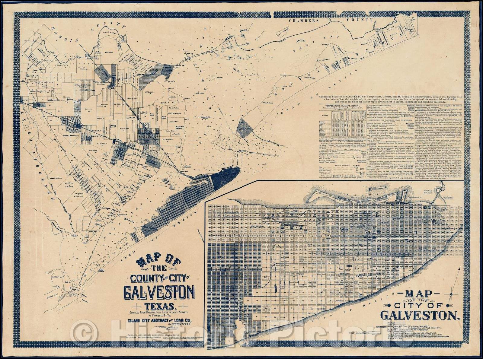 Historic Map - Map of the County and City of Galveston Texas, compiled From Original Field Notes and Latest Surveys, 1891, D.W. Ensign & Co. - Vintage Wall Art