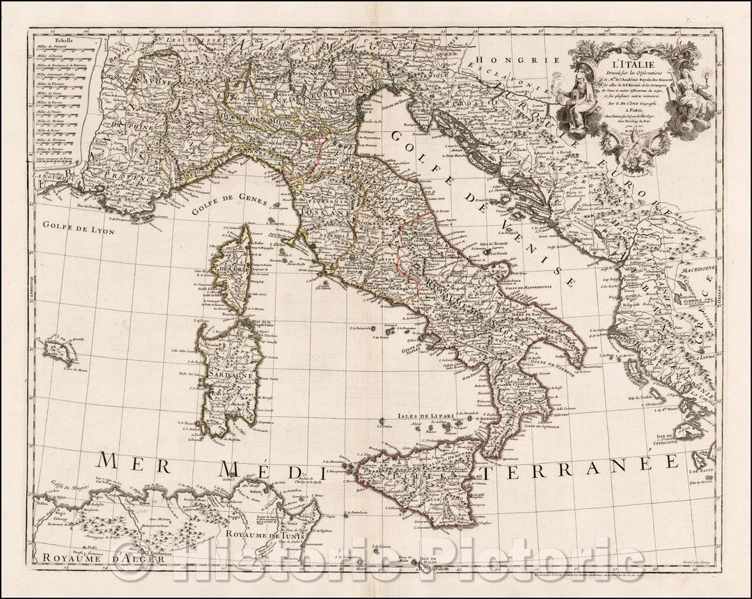 Historic Map - L'Italie Dressee sur les Observations/Map of Italy, hand colored by Kingdoms, 1774, Philippe Buache - Vintage Wall Art