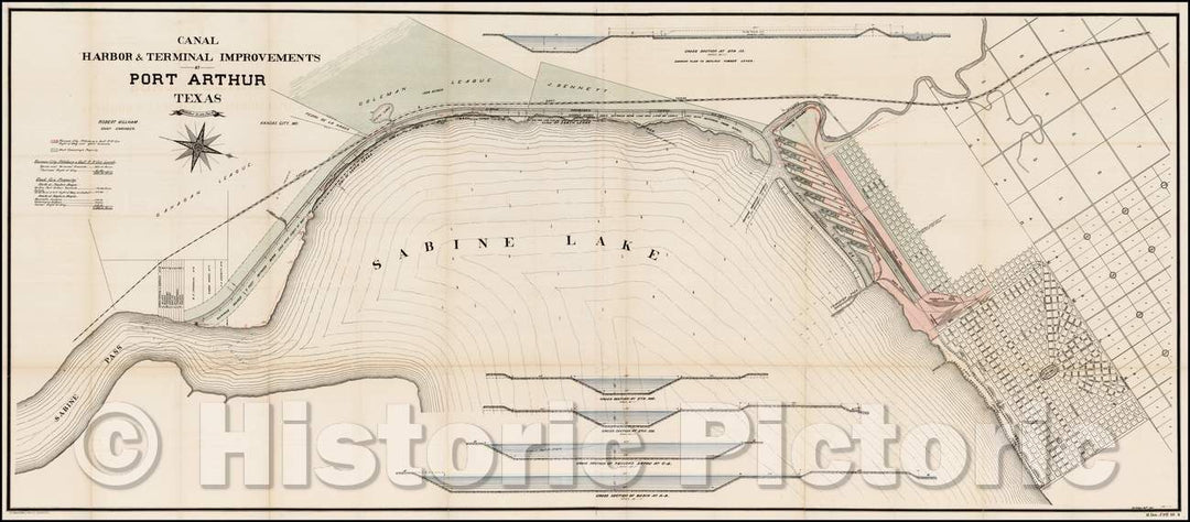 Historic Map - Canal Harbor & Terminal Improvements at Port Arthur Texas, 1897, Robert Gilham - Vintage Wall Art