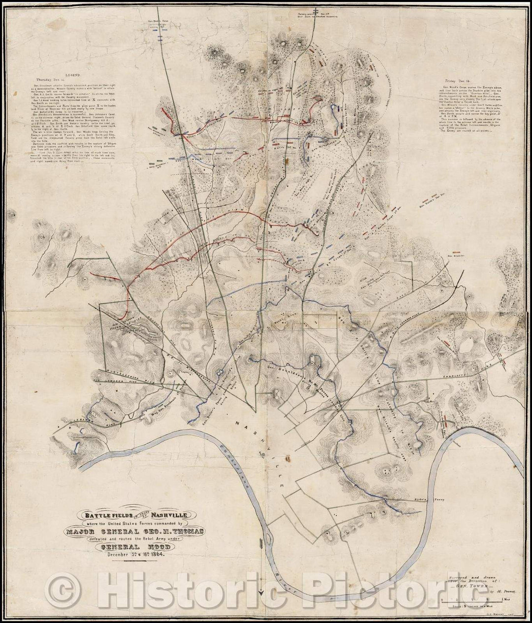 Historic Map - Battlefields in Front of Nashville where the United States Forces commanded, 1864, M. Peseux - Vintage Wall Art