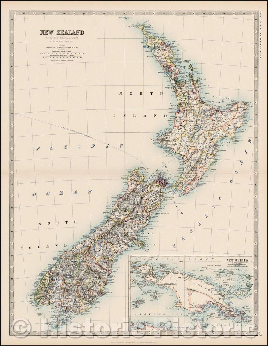 Historic Map - New Zealand According to, 1880, W. & A.K. Johnston - Vintage Wall Art