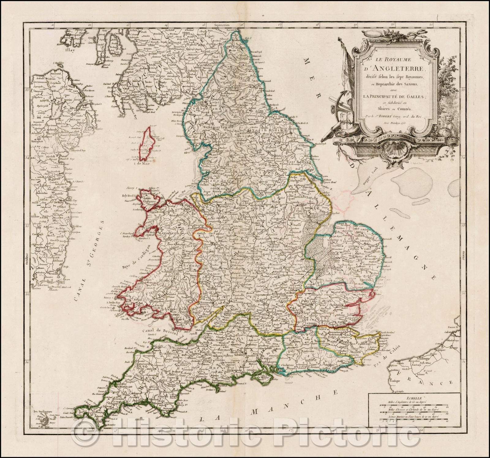 Historic Map - Le Royaume D'Angleterre, divise selon les sept Royaumes ou Heptarchie des :: Kingdom of England, 7 ancient Heptarchies of the Saxons, 1753 - Vintage Wall Art