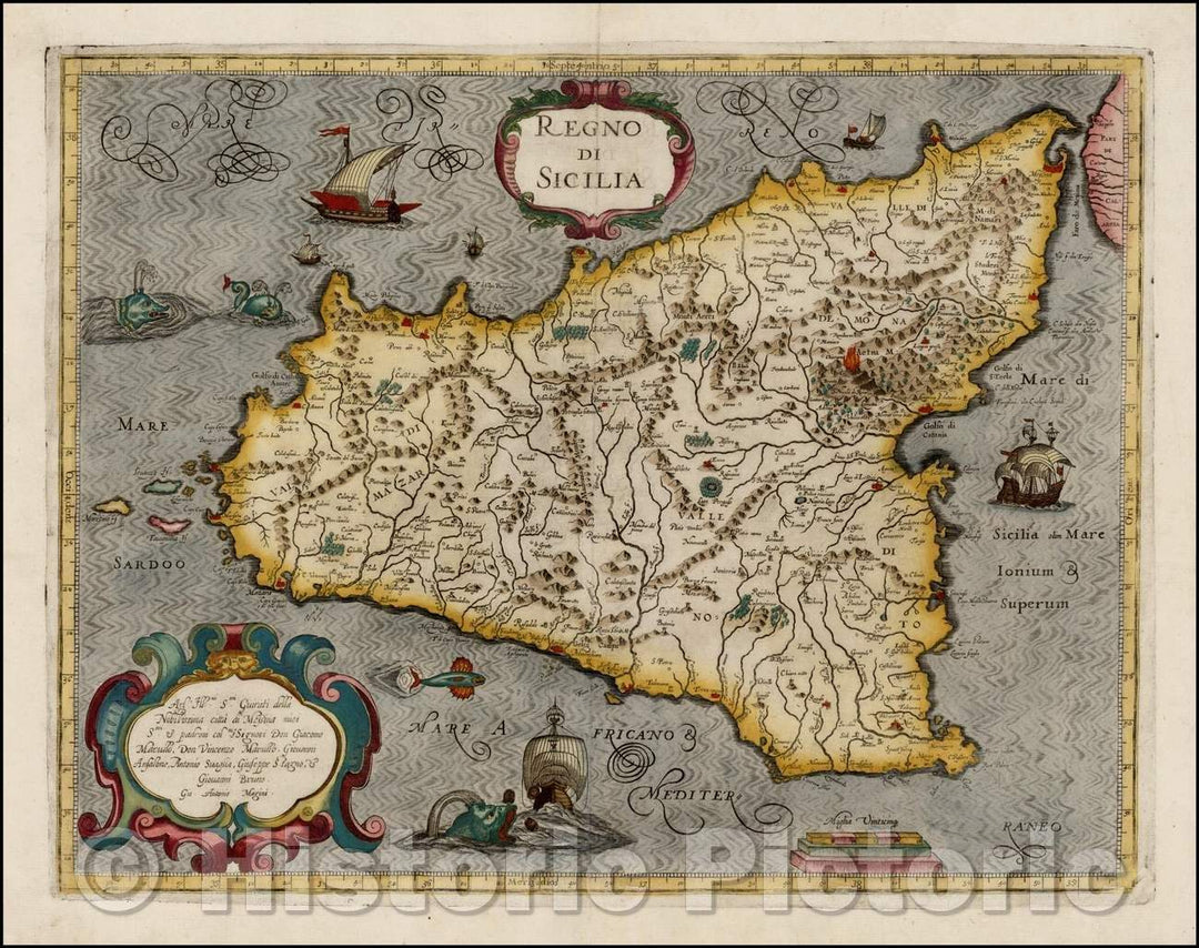 Historic Map - Regno Di Sicilia/Map of Sicily and neighboring islands by Cantelli da Vignola and published in Rome by Rossi, 1620, Giovanni Antonio Magini - Vintage Wall Art