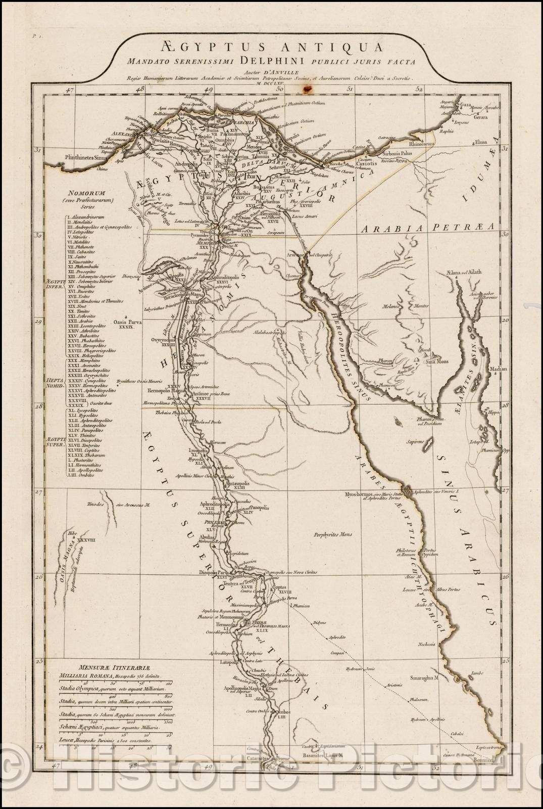 Historic Map - Aegyptus Antiqua Mandato Serenissimi Dephini Publici Juris :: Ancient Egypt, Nile,Cataracts Syene,Mediterranean, Coptos the Brenice, 1765 - Vintage Wall Art