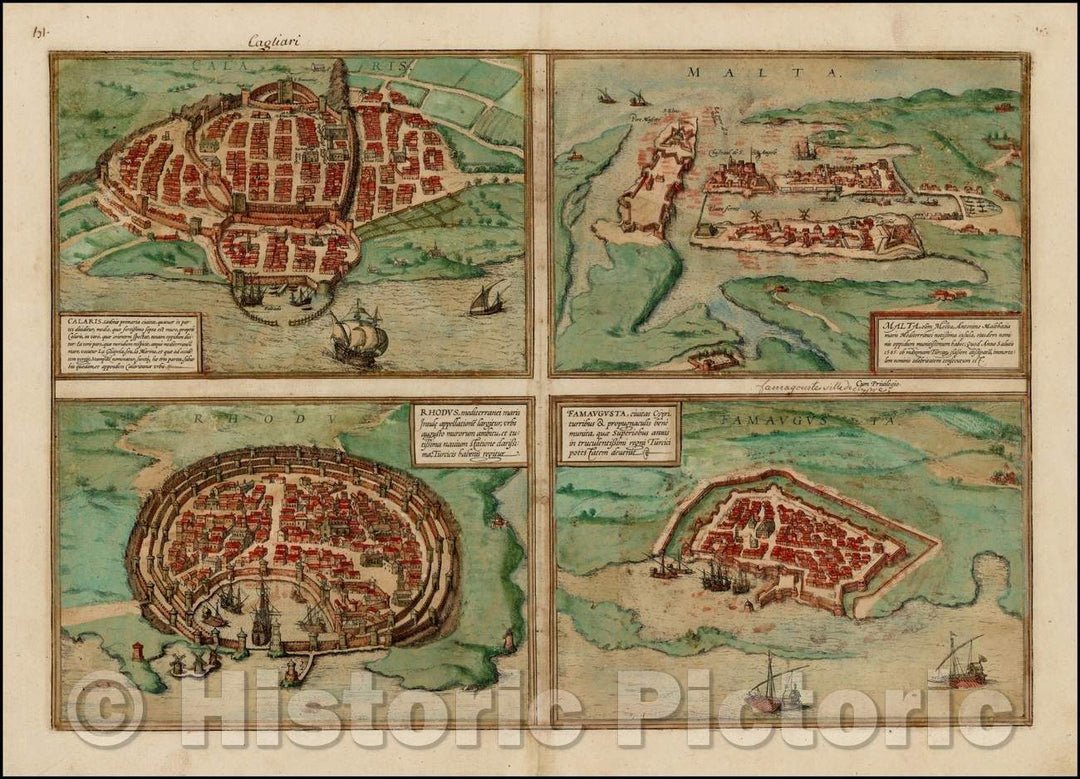 Historic Map - Malta/Famaugusta/Rhodus/Calaris/Malta/Famaugusta/Rhodus/Calaris, 1588, Georg Braun - Vintage Wall Art