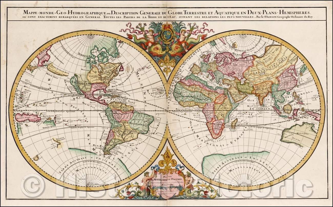 Historic Map - Mappe-Monde Geo-Hydrographique, Plans-Hemispheres/Geo-Hydrographic World Map, Aquatic Globe in Two Hemispheres, 1691 v3