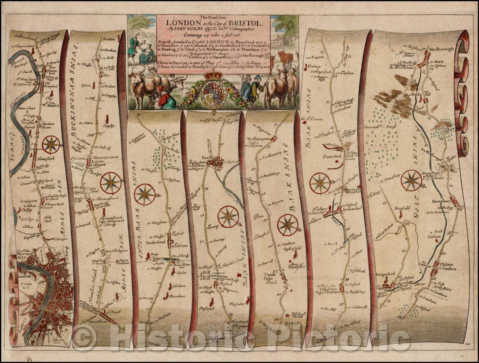 Historic Map - The Road from London to the City of Bristol, 1675, John Ogilby - Vintage Wall Art