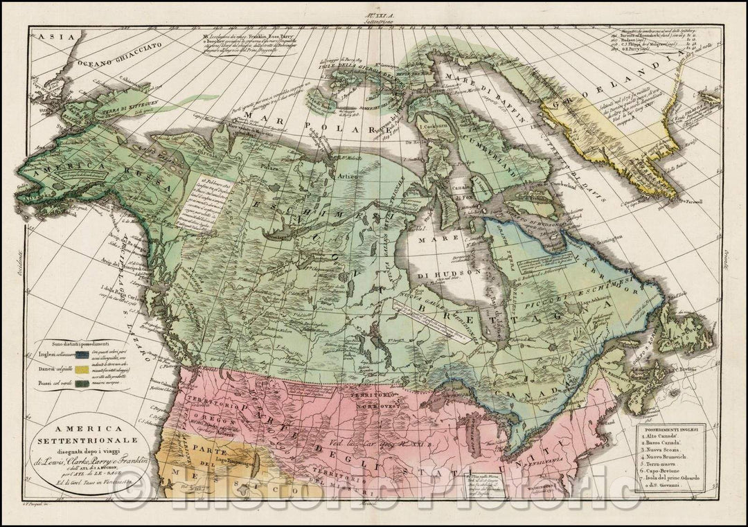 Historic Map - America Settentrionale disegnata dopo I viaggi di Lewis, Clarke :: Italian of the Northwest, Canada and Alaska, published in Venice by Le Sage, 1832 - Vintage Wall Art