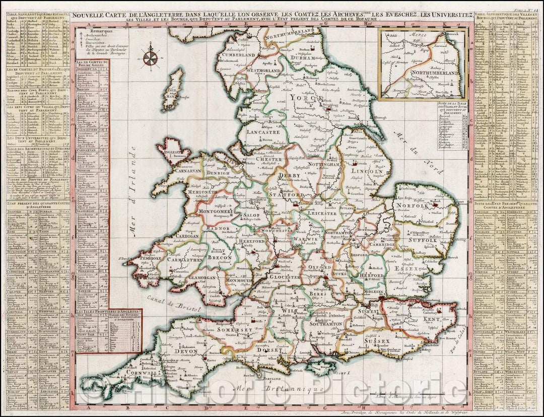 Historic Map - Nouvelle Carte De L'Angleterre Dans Laqu'elle L'on Observe Les Cmtez Les Archeves/Map of England, colored by Counties, 1719, Henri Chatelain - Vintage Wall Art