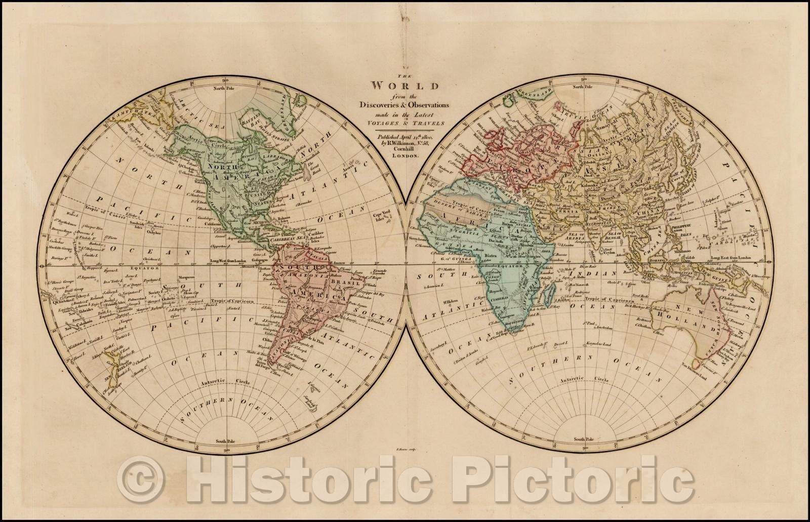 Historic Map - The World from the Discoveries & Observations in the Latest Voyages & Travels, 1800, Robert Wilkinson - Vintage Wall Art