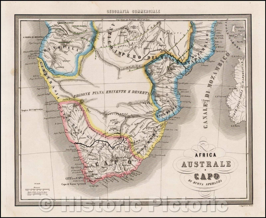 Historic Map - Africa Australe E Capo Di Buono Speranza/Map of Southern Africa, focusing on the topographcal features, from Marmocchi's scarce, 1850 - Vintage Wall Art