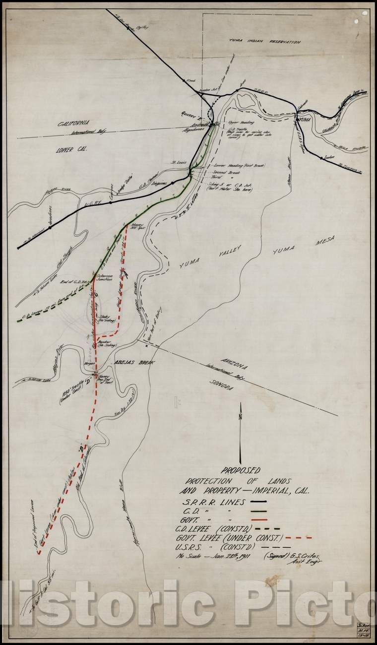 Historic Map - Proposed Protection Of Lands And Property - Imperial, Cal, 1911, Southern Pacific Railroad Company - Vintage Wall Art