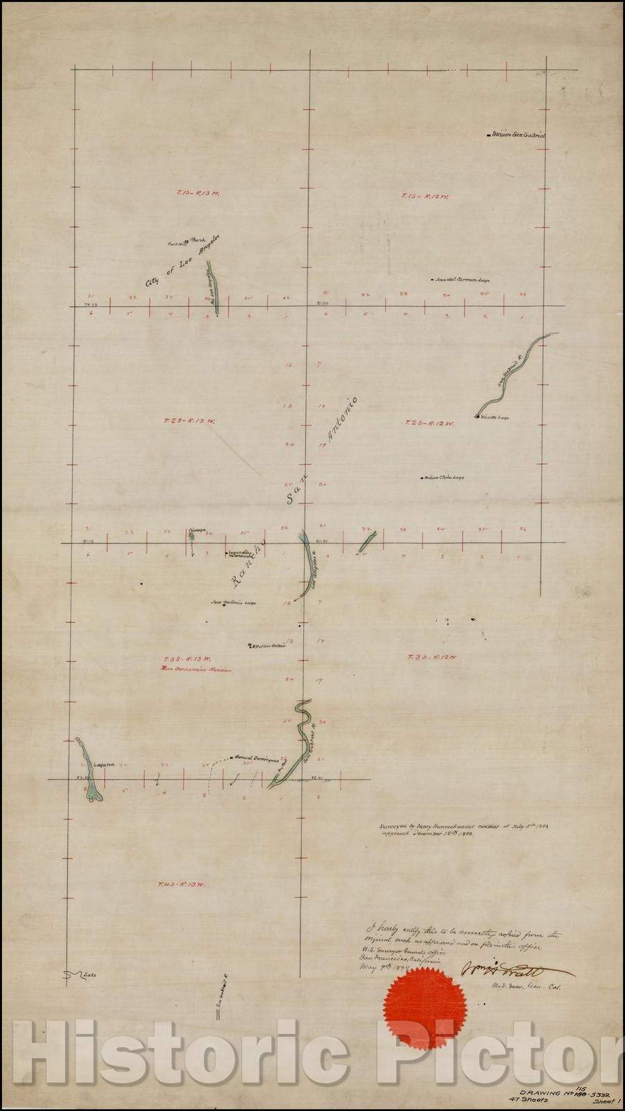 Historic Map - Survey of Rancho San Antonio, Los Angeles County, California, 1853, Henry Hancock - Vintage Wall Art