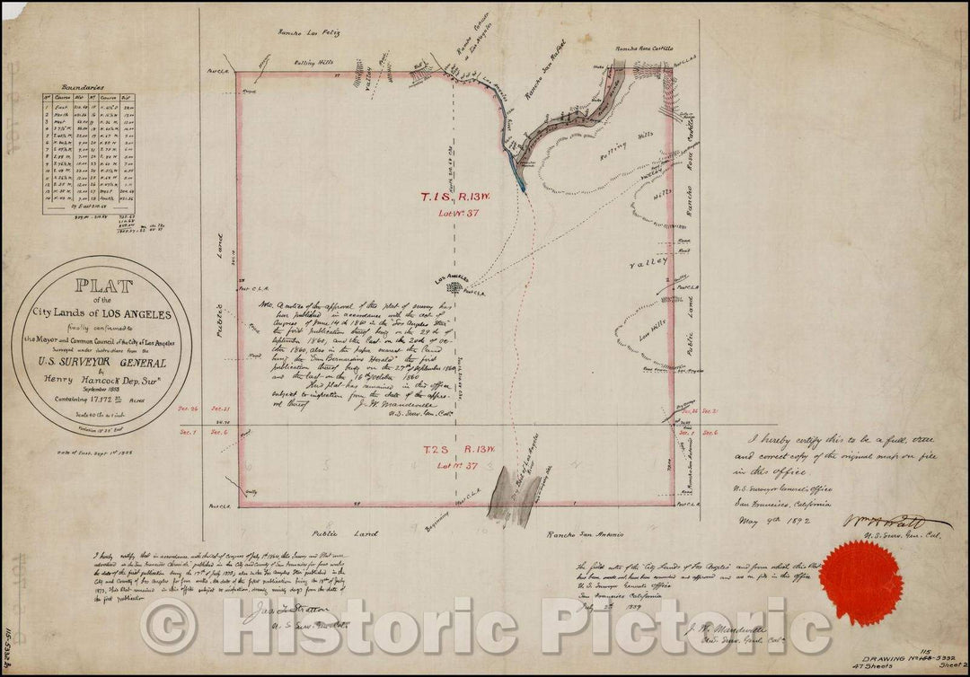 Historic Map - Plat of the City Lands Of Los Angeles finally confirmed to the Mayor and Common Council of the City of Los Angeles Surveyed, 1853, Henry Hancock - Vintage Wall Art