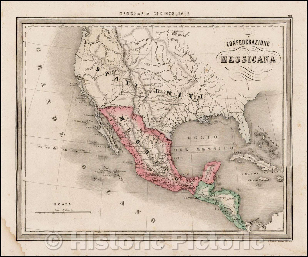 Historic Map - Confederazione Messicana/Italian edition of Le Sage's Map of Mexico, Upper California and Texas, 1850, Francesco Marmocchi - Vintage Wall Art