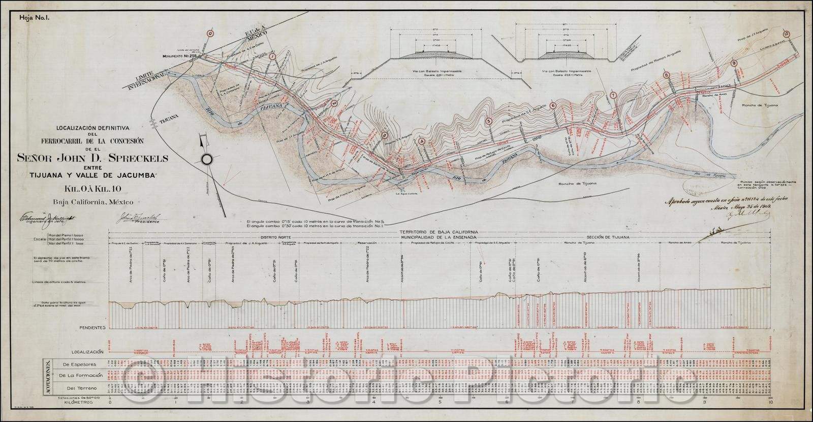 Historic Map - (San Diego & Arizona Railroad) Localizacion Definitiva del Ferro :: San Diego and Arizona Railway Map, San Ysidro and along the Rio de Tijuana, 1909 - Vintage Wall Art