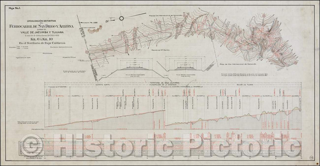 Historic Map - (San Diego & Arizona Railroad) Localizacion Definitiva del Ferro :: San Diego and Arizona Railway Map, San Ysidro and along the Rio de Tijuana, 1907 v1